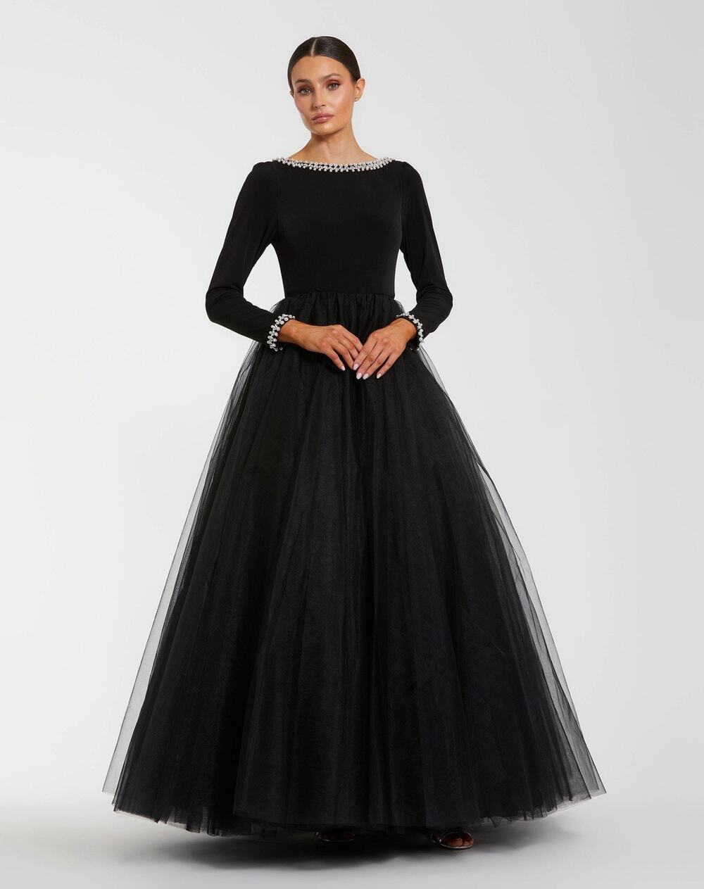 Mac Duggal Ieena 56186 Black Jersey Tulle Ball Gown Size 12 Embellished NWOT$498